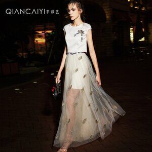 QIANCAIYI Socialite-Inspired Design Elegant Long Evening Dress 2 set